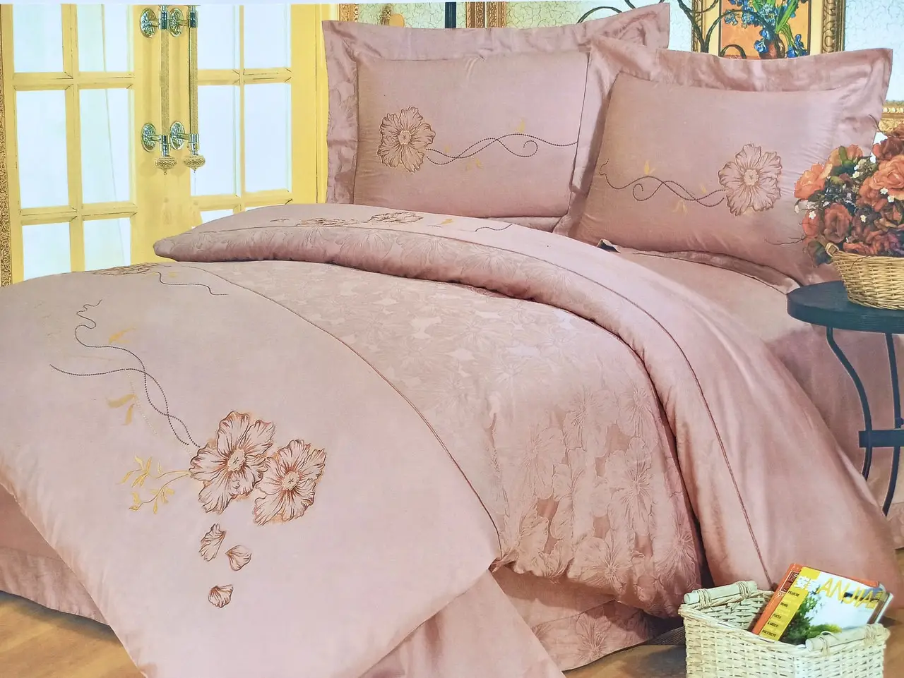 Постільна білизна Ailin жаккард з вишивкою євро 200×220 JE-21E Рожевий